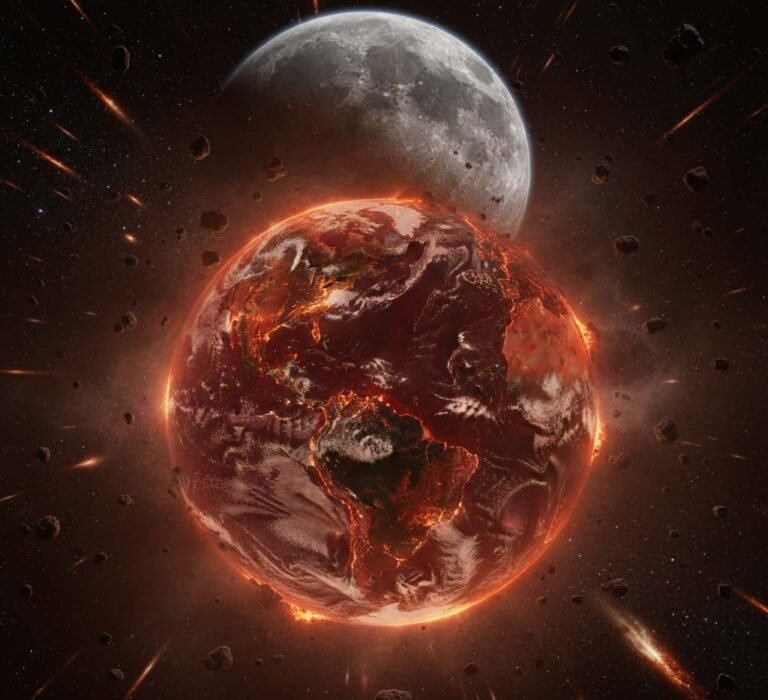 A witness view of the early Hadean Eon, showing your planet Earth as a boiling ocean of molten magma and lava with the young Moon hanging in fiery sky.