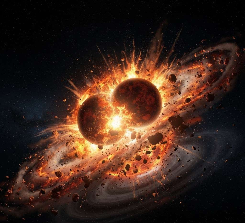 The Giant Impact: Theia Colliding with early Earth to from the Moon.