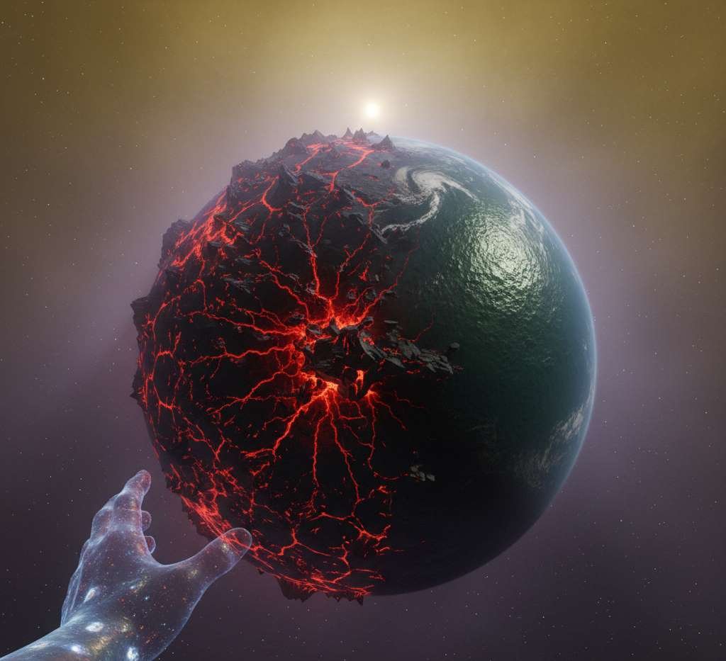 The traveller witnessing the cosmic evolution of your planet earth from the molten rock to a living blue planet.