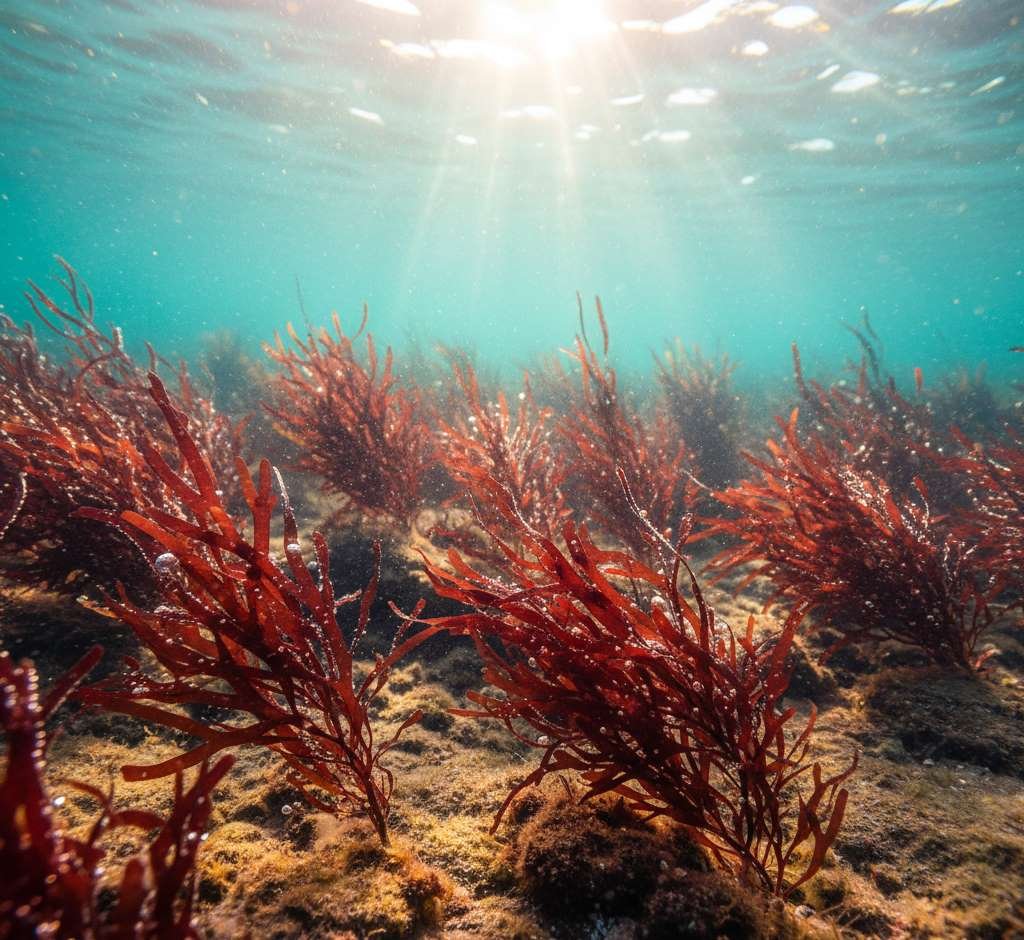 The first red algae, Bangiomorpha Pubsecens, spreading across the sunlit ocean floors of your planet during the ectasian period, witnessed by the traveller.