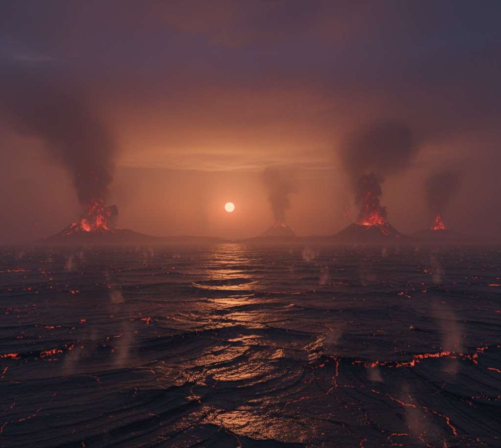 The traveller witnessing the eoarchean era on earth with a molten lava surface and the formation of the first solid crust.