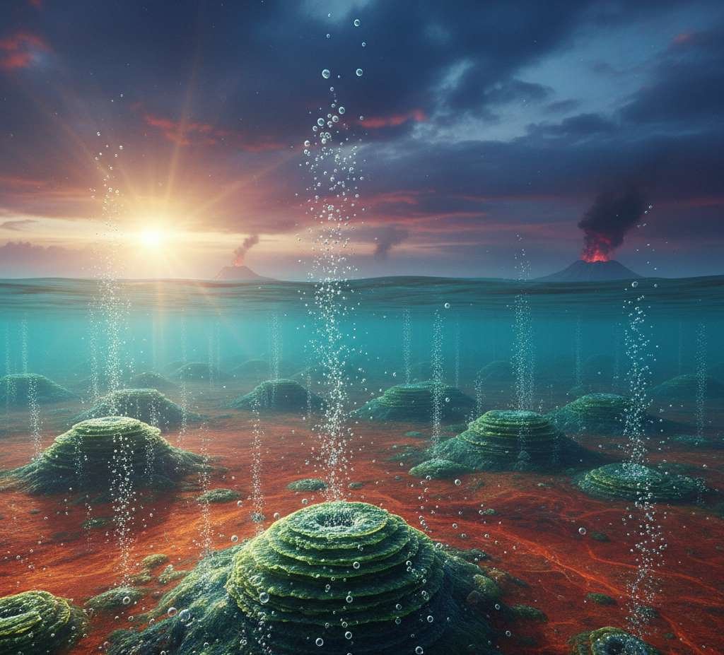 Neoarchean Era landscape on your earth featuring massive oxygen bubbles rising from green stromatolites reefs in a ddep turquoise ocean.