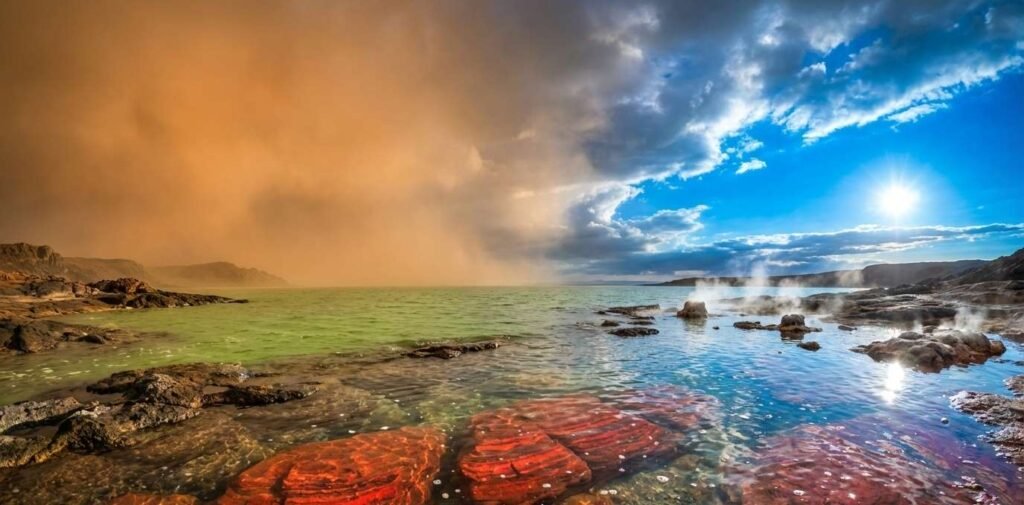 A cinematic view of earth durning the proterozoic eon, showing the transition form a primitive atmosphere to the dawn of life.