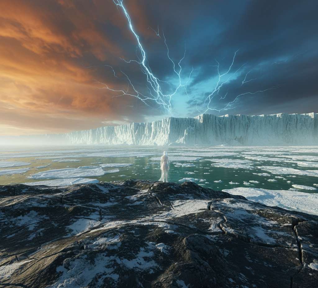 The traveller witnessing the first massive snwofall and glaciers on earth.