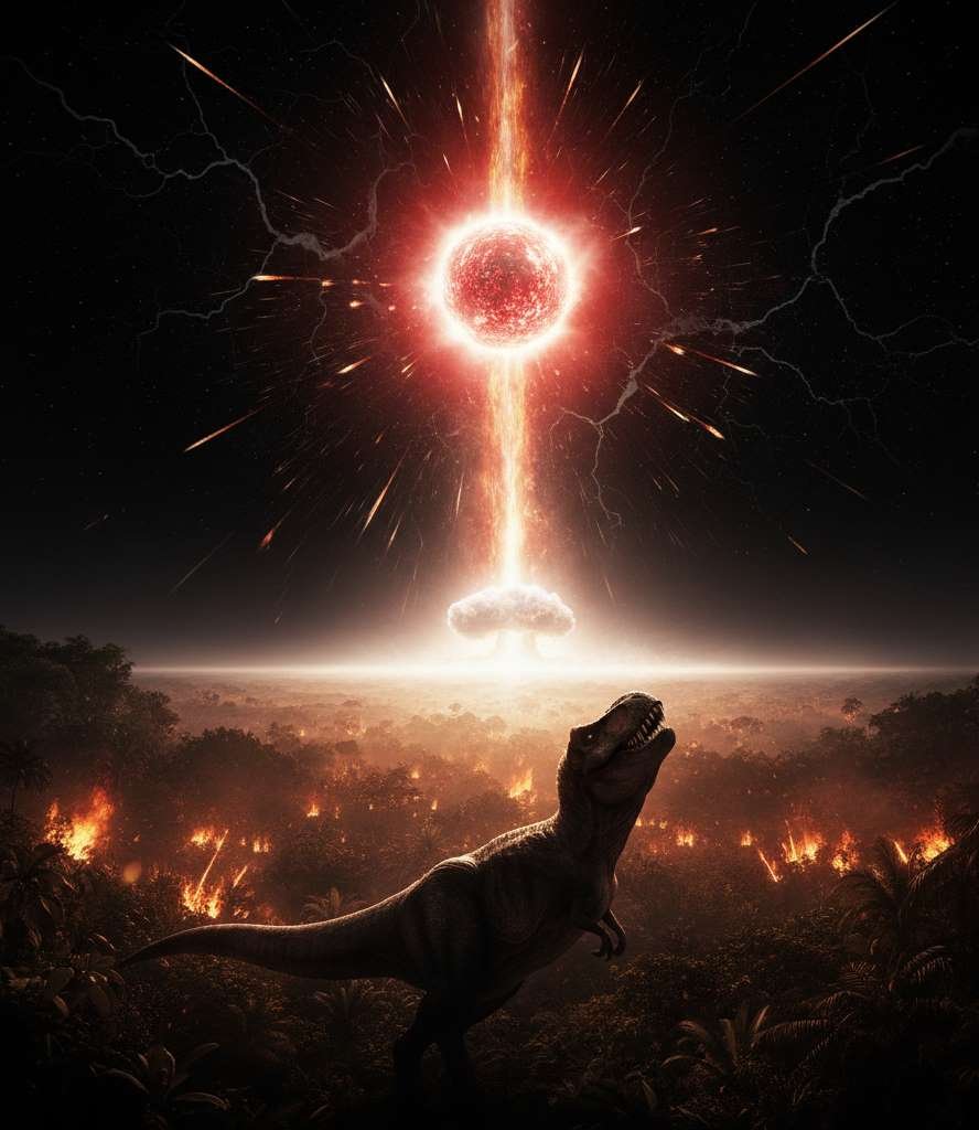 the devastating moment of the asteriod impact on your planet, causing a massive explosion and forest fires as a T-Rex look on during the end of the cretaceous period.