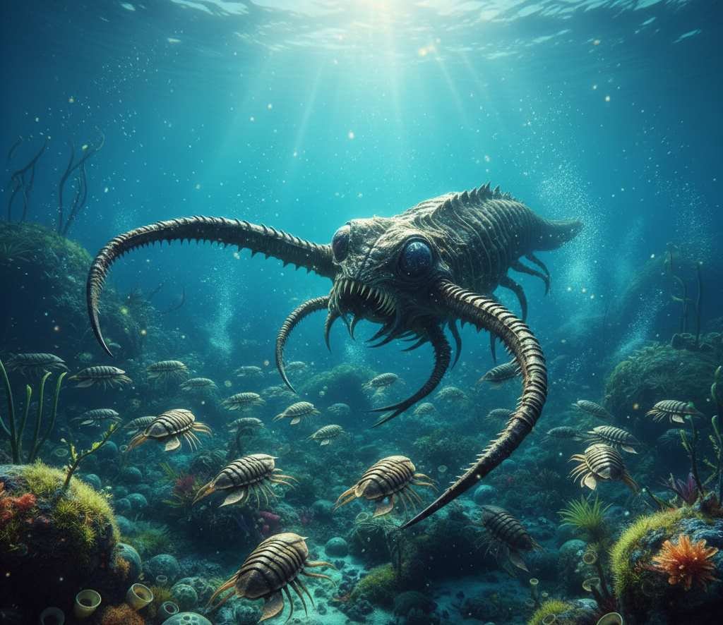 a terrifying giant marine predator hunts among a swarm of trilobites during the cambarian explosion in your planet's ancient ocean