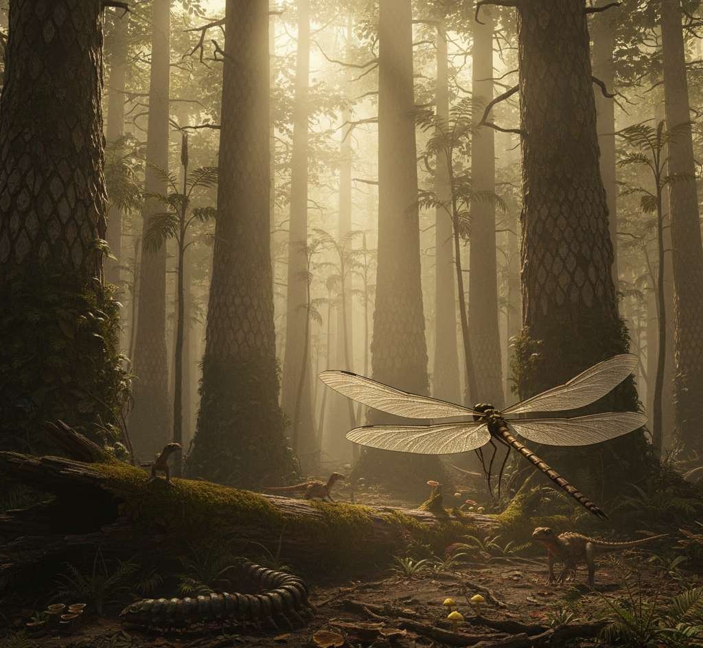 a giant dragonfly maeganeura flies through the oxygen-rich swamp forest of your planet during the carboniferous period.