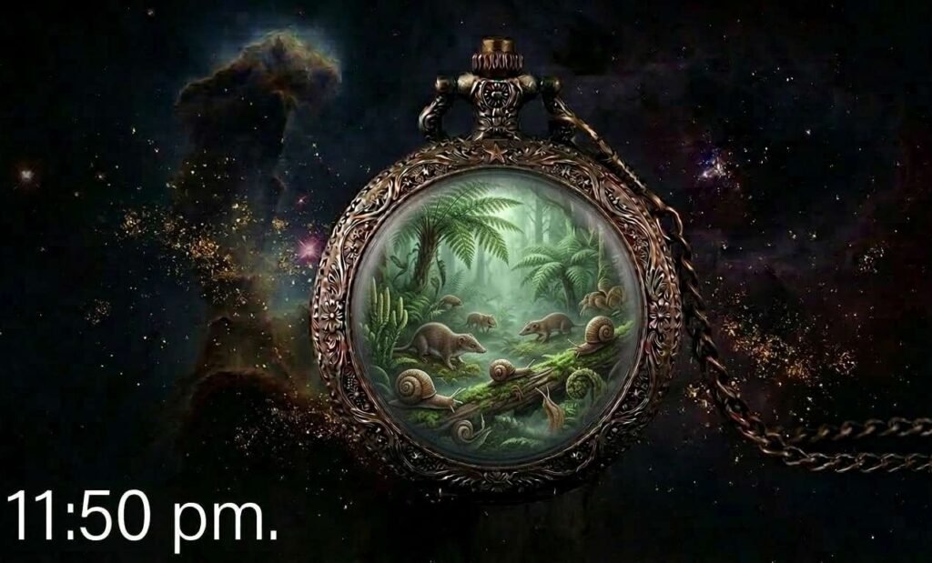 early horse ancestors size of pig roam around the forest at 11:50 pm compared to a single human day.