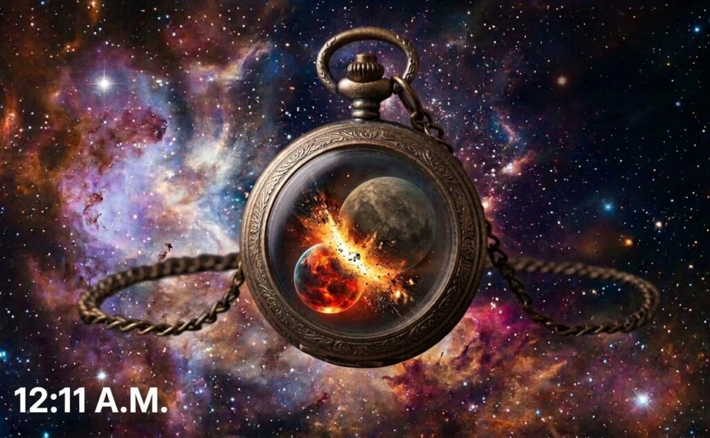 Watch showing collision of theia with earth at 12:11 AM, of single human day.