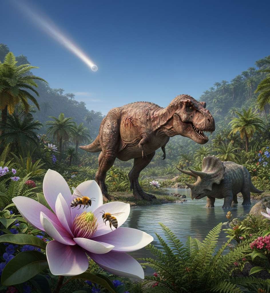 T-rex during cretaceous period and a small star like thing which is actually an asteriod is visible behind it that will hit earth and wipe out most of the life on earth.