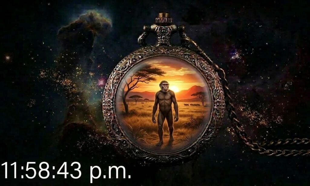 early human ancestors walking in african savvana at 11:58:43 pm summarzied into a single human day.