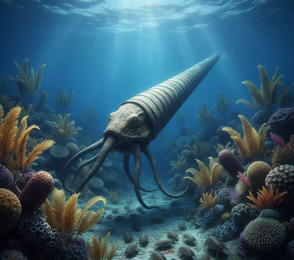 a giant straight-shelled orthocone hunting trilobites in the vibrant coral reefs of the ordovician period.