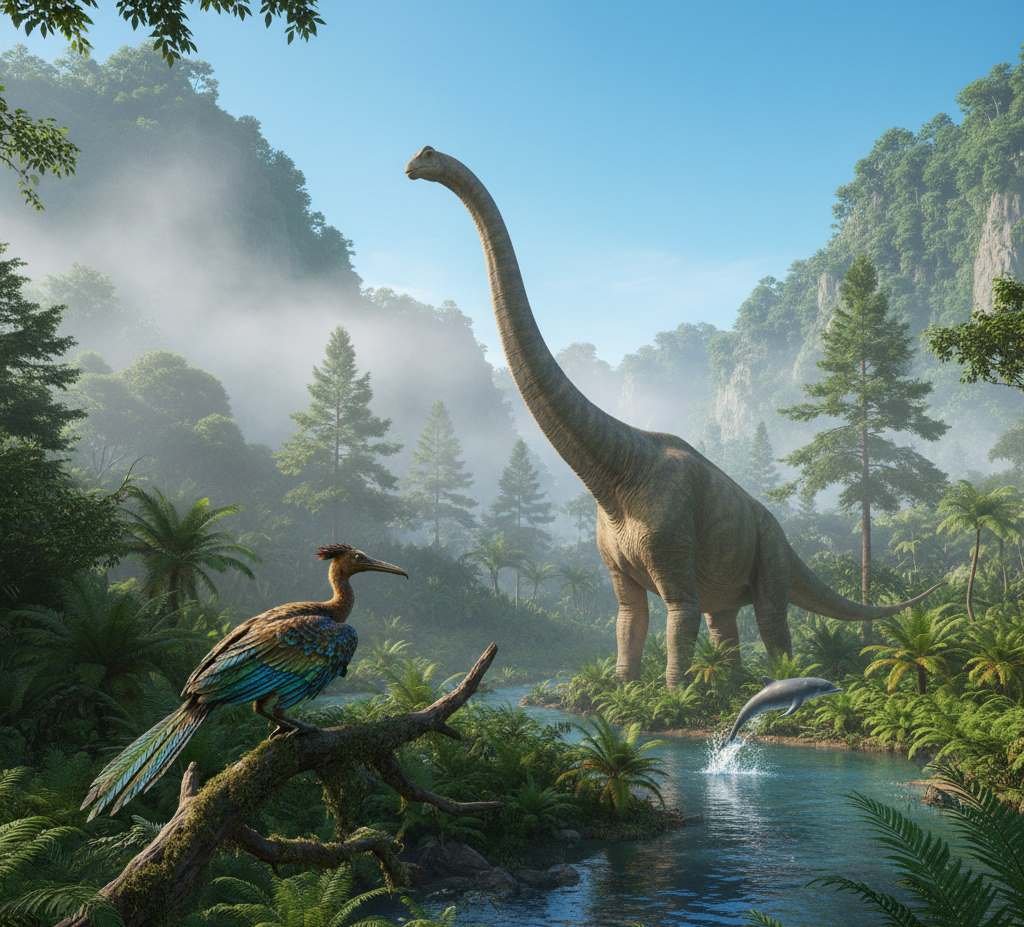 a massive brachiosaurus stands in a lush tropical jungle whinle an archaeopteryx sits on a branch and marine life jumps in the water during the jurassic period on your planet.