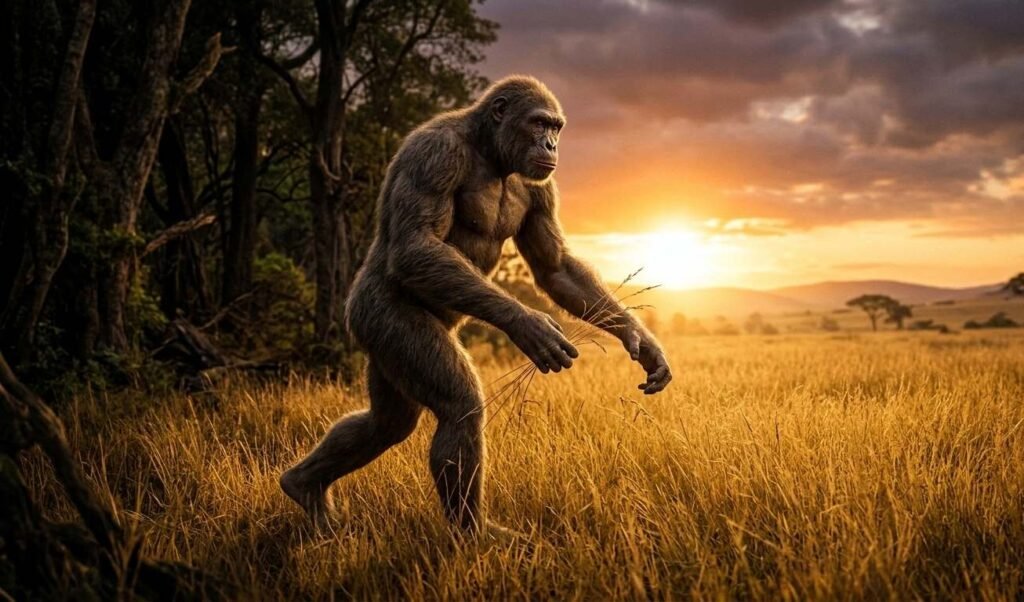 an early hominid walking upright in the late neogene savanna, making the beginning of the human journey on your planet.