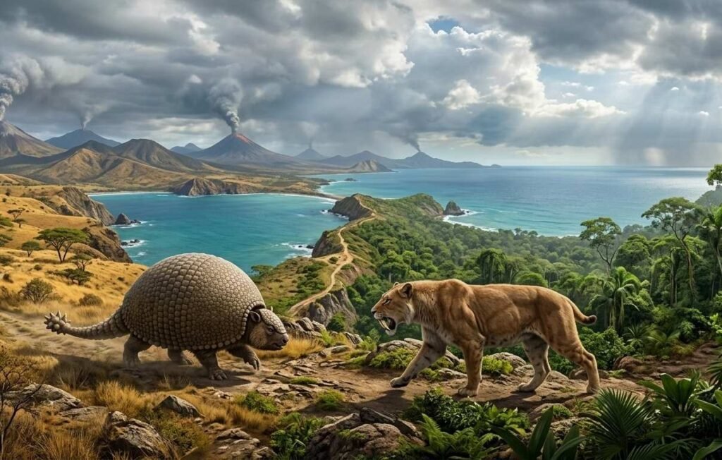 a saber toothed smilodon faces off against a giant armored glyptodon in a volcanic landscape during the great american interchange in late neogene transition on your planet.