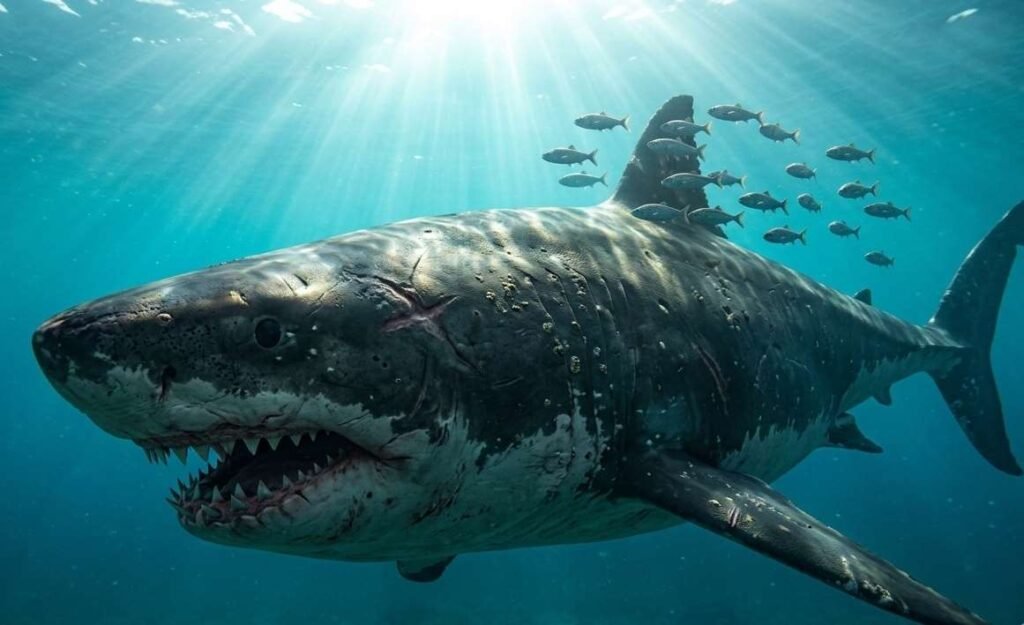 a massive megalodon shark with battle swimming in the deep blue ocean of your planet during the neogene period.