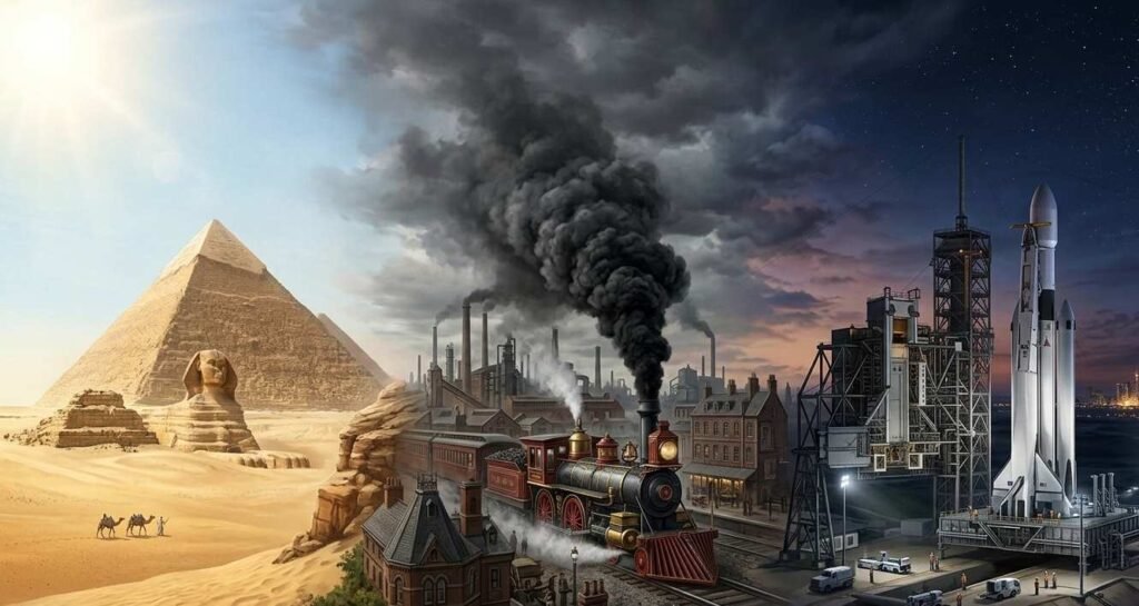 a collage of human history on earth, showing ancient egyptian pyramids, the industrial revolution with steam trains, and modern space rocket launch.