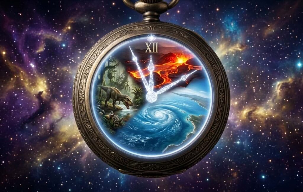This is Mr. Time Traveller's cosmic watch that is showing diffrent timelines of earth inside it.