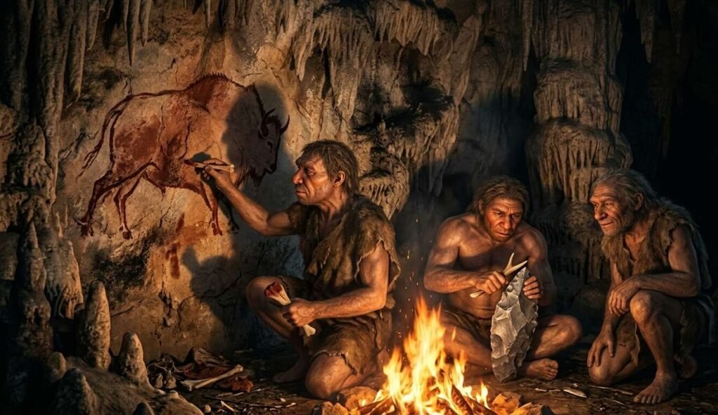 three neanderthals inside a cave one painting a bison, one making stone tool, and another sitting by the fire during quaternary period.