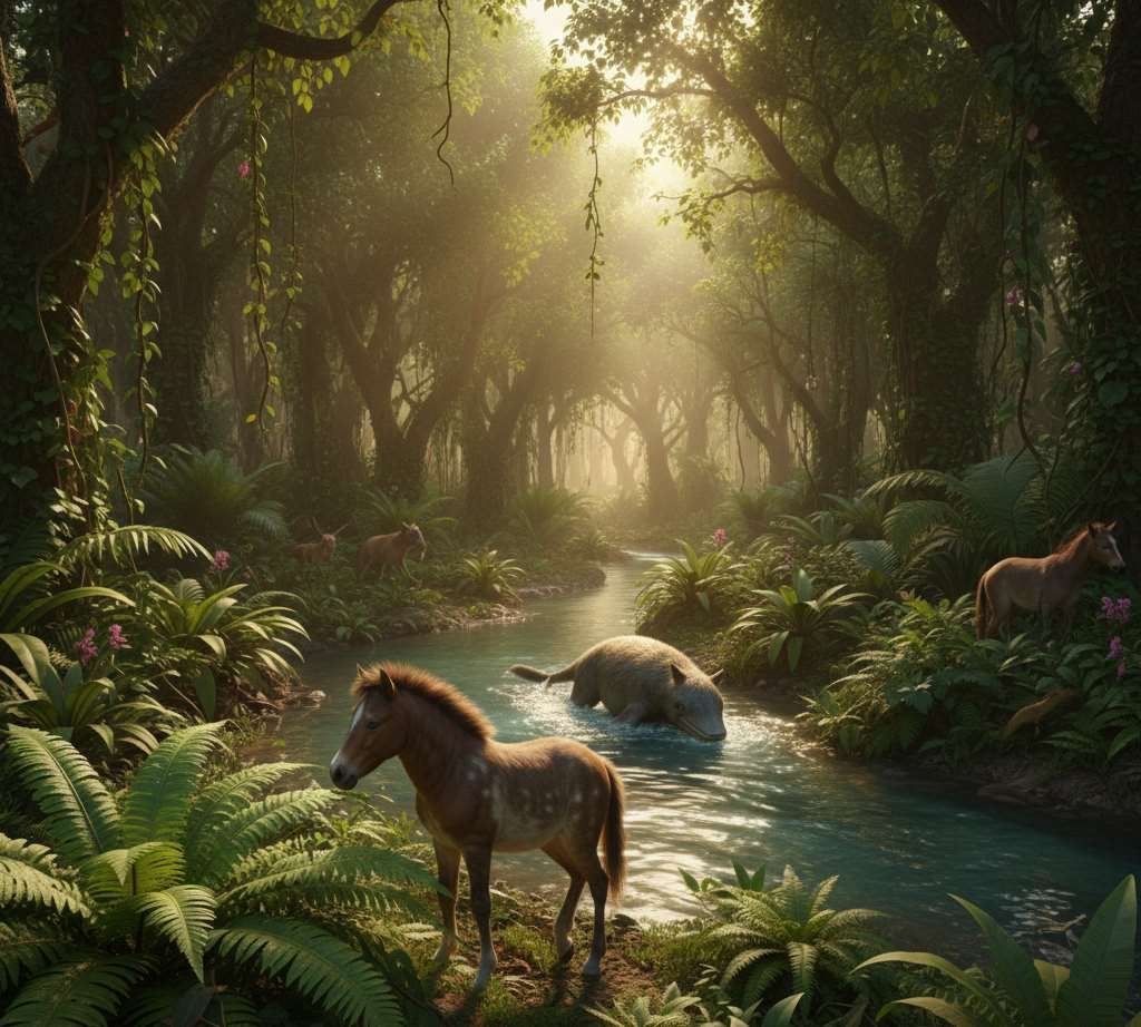 the dawn of the palegene period on your planet, showing early ancestors of horses and elephants in a lush, dense jungle after the dinosaur extinction.