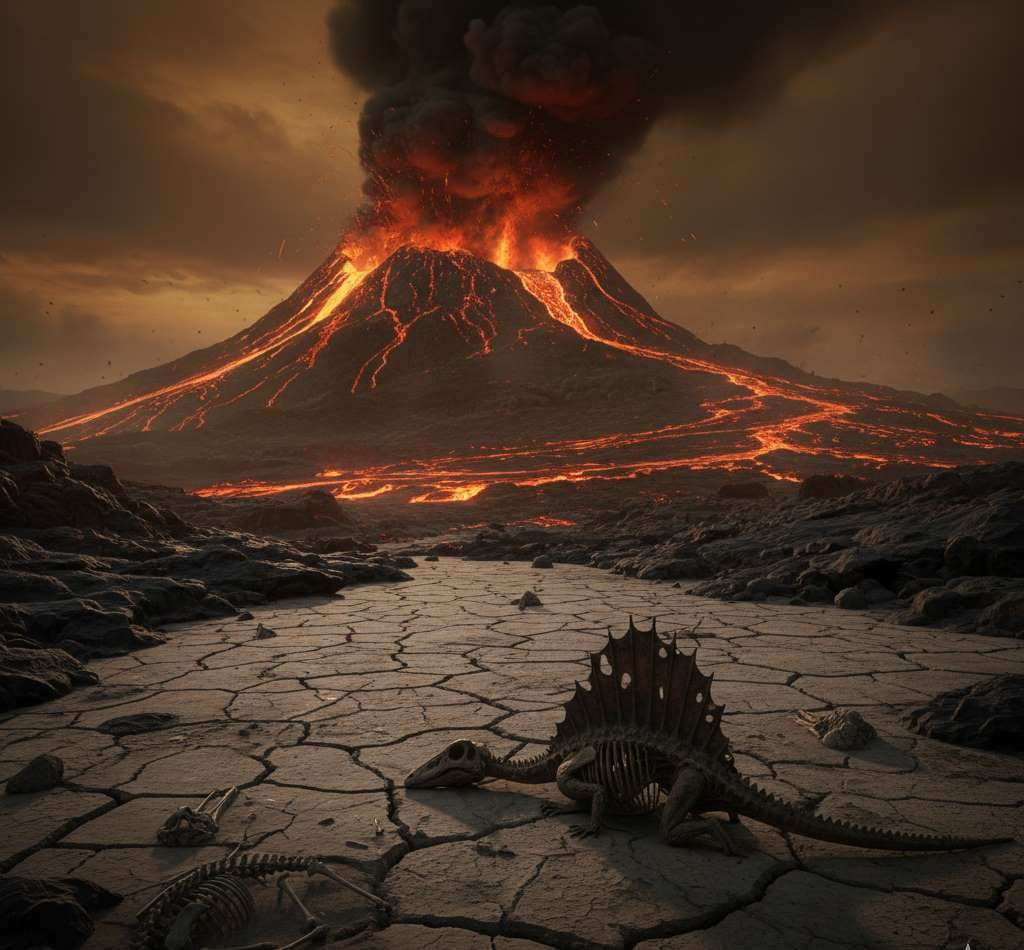 a giant dragonfly maeganeura's skelrton during the great dying extinction.