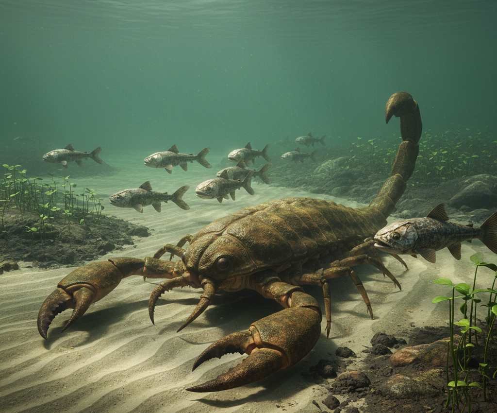 a massive dea scorpion or eurypterid prowls the sandy ocean floor of earth during the silurian period, surrounded by early primitive fish.