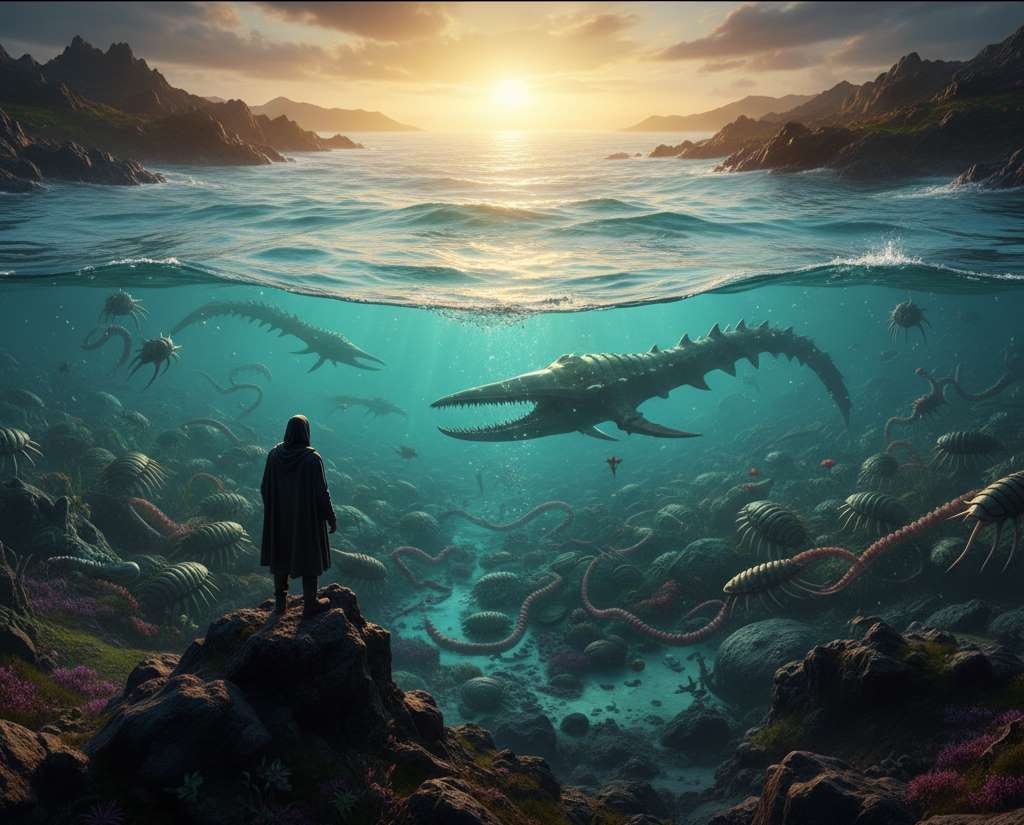 the traveller stands on a rocky shore, witnessing the ancient and giant sea creatures lurking beneath the waves of your early oceans during the dawn of life.