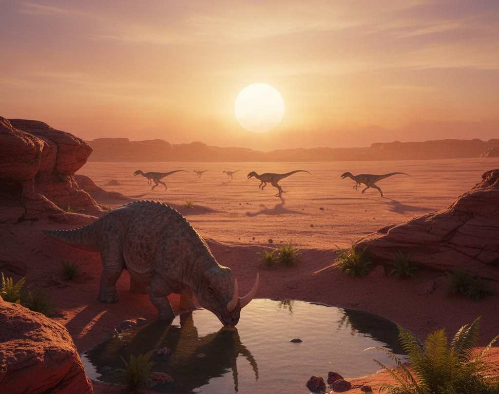 the ultimate survivor, a lystrosaurus-like dicynodont, drinks from a desert oasis as the first dinosaurs emerge in the background of triassic world.