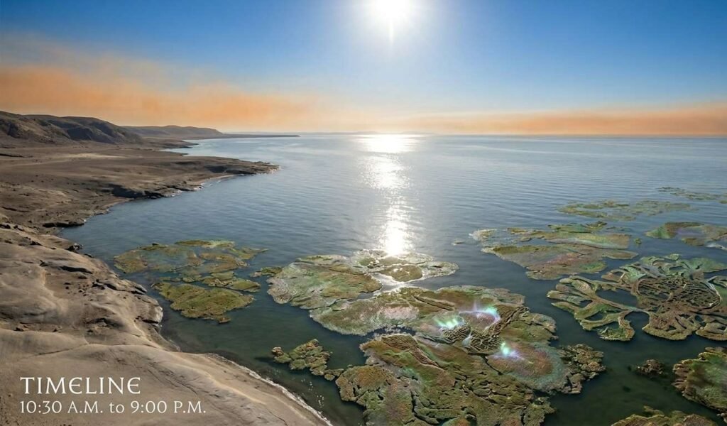 this image shows proterozoic eon timeline of earth 10:30 am to 9:00 pm compared to 24 hour day of earth.