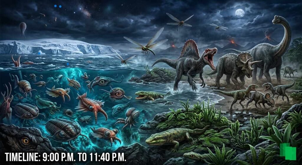 this image shows phanerozoic eon timeline of earth which is from 9:00 pm to 11:40 pm compared to 24 hour human day.